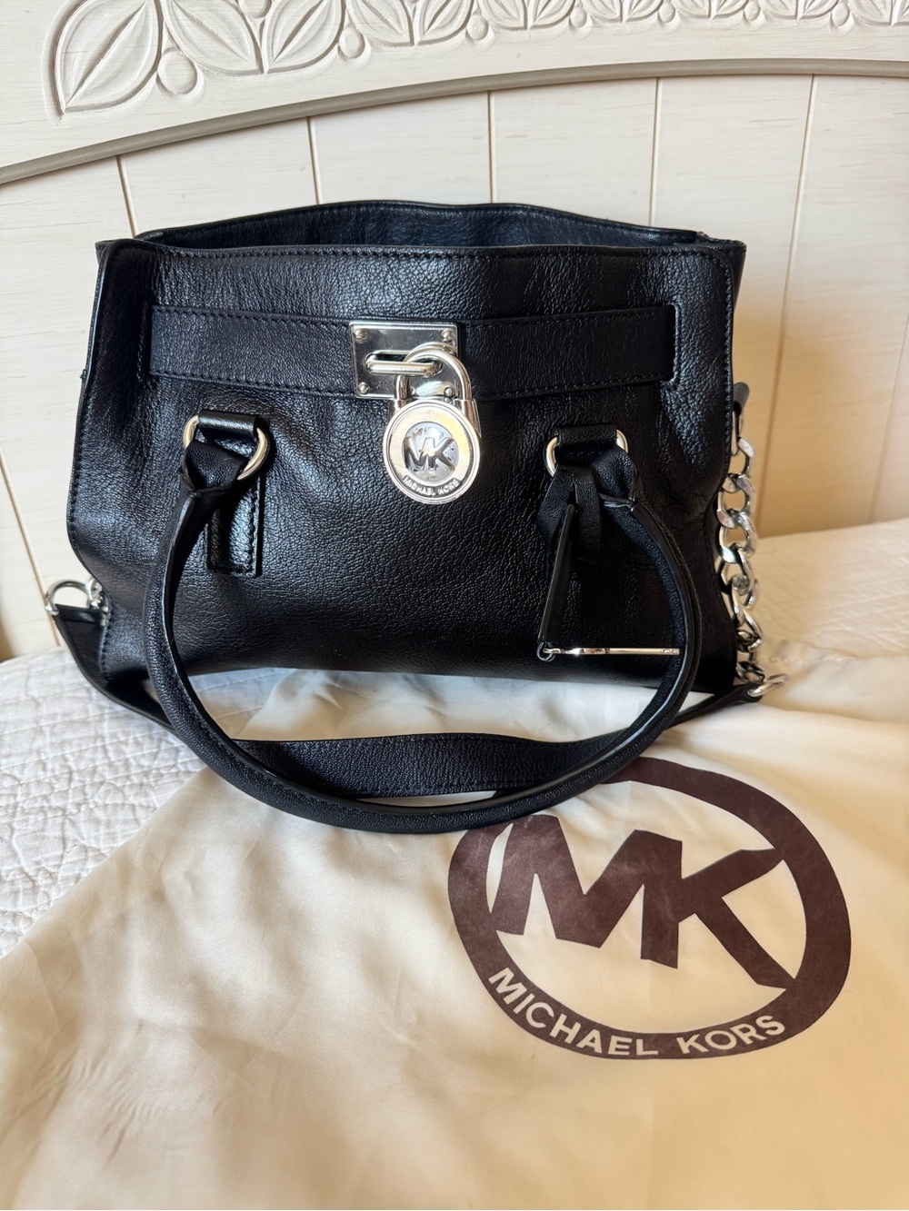 Michael Kors Hamilton Black Leather Satchel with Signature MK Lock & Key - Picture 12 of 13